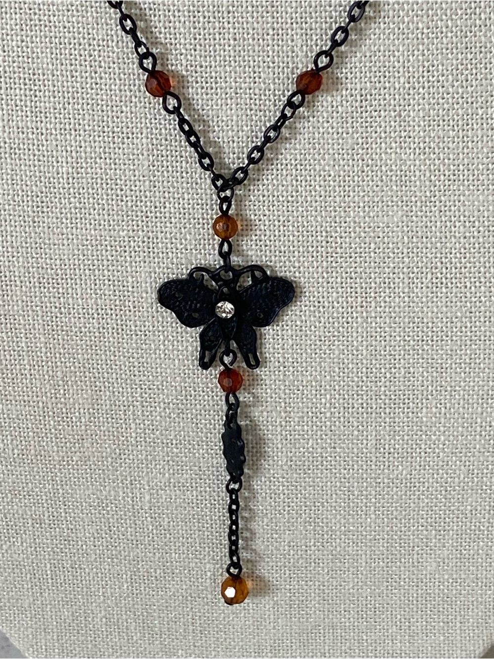Butterfly Y-Drop Black Gothic Necklace Victorian Style Crystal Brown Beads EUC